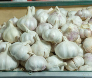 white garlic piled in a pile on the counter in the bazaar