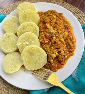 Yam with Fish Garden Egg Sauce